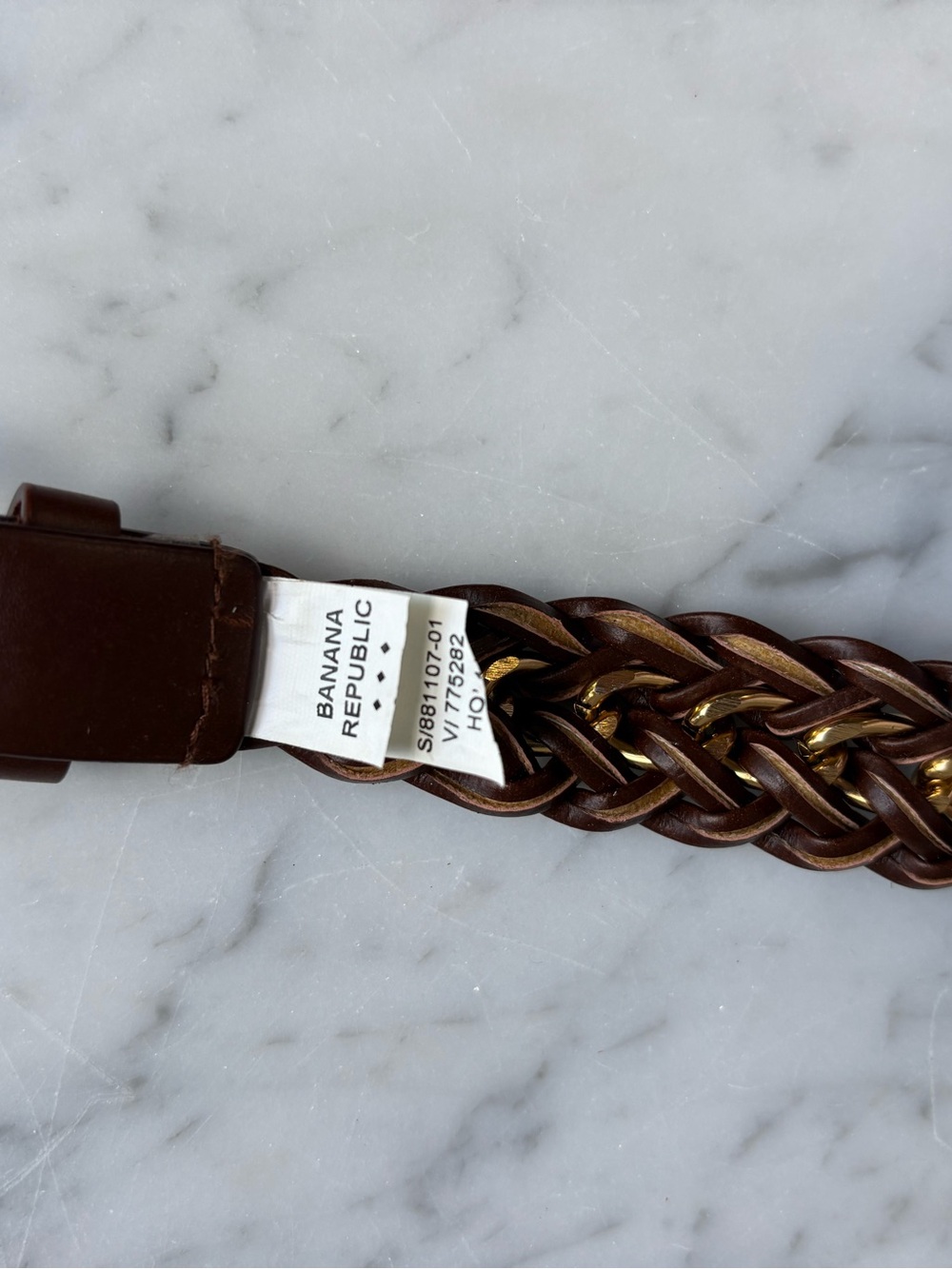 Banana Republic Brown Braided Chain Belt Gold Tone Leather Weave - Picture 4 of 6